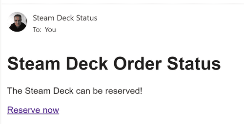 Steam Deck reservation email