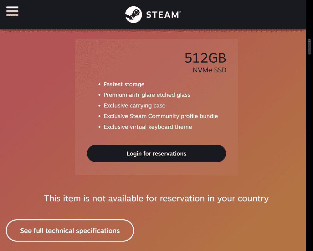 Steam Deck This item is not available for reservation in your country
