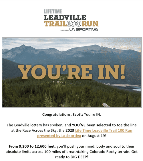 Leadville 100 acceptance email